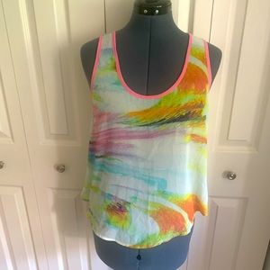 Open Back Watercolor Tank Top with Pink Tie